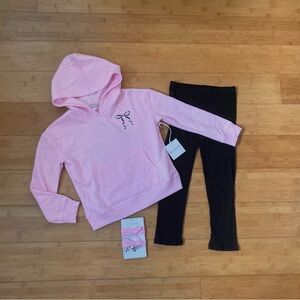 NWT Girls Size 7 Pink & Black Bows Outfit - Hoodie Top & Ribbed Leggings